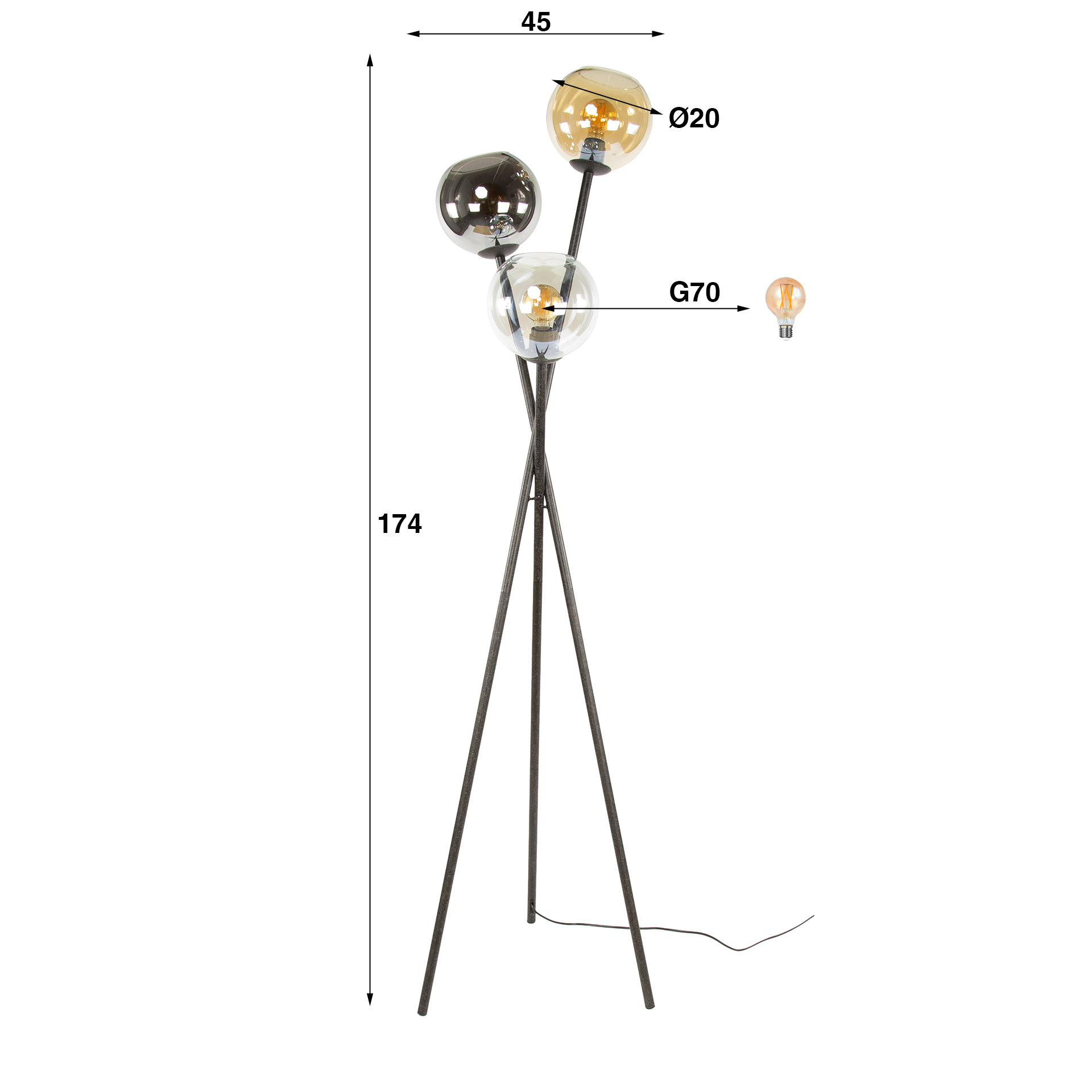 Lampadaire Multi Globe 3 lumières Artic noir