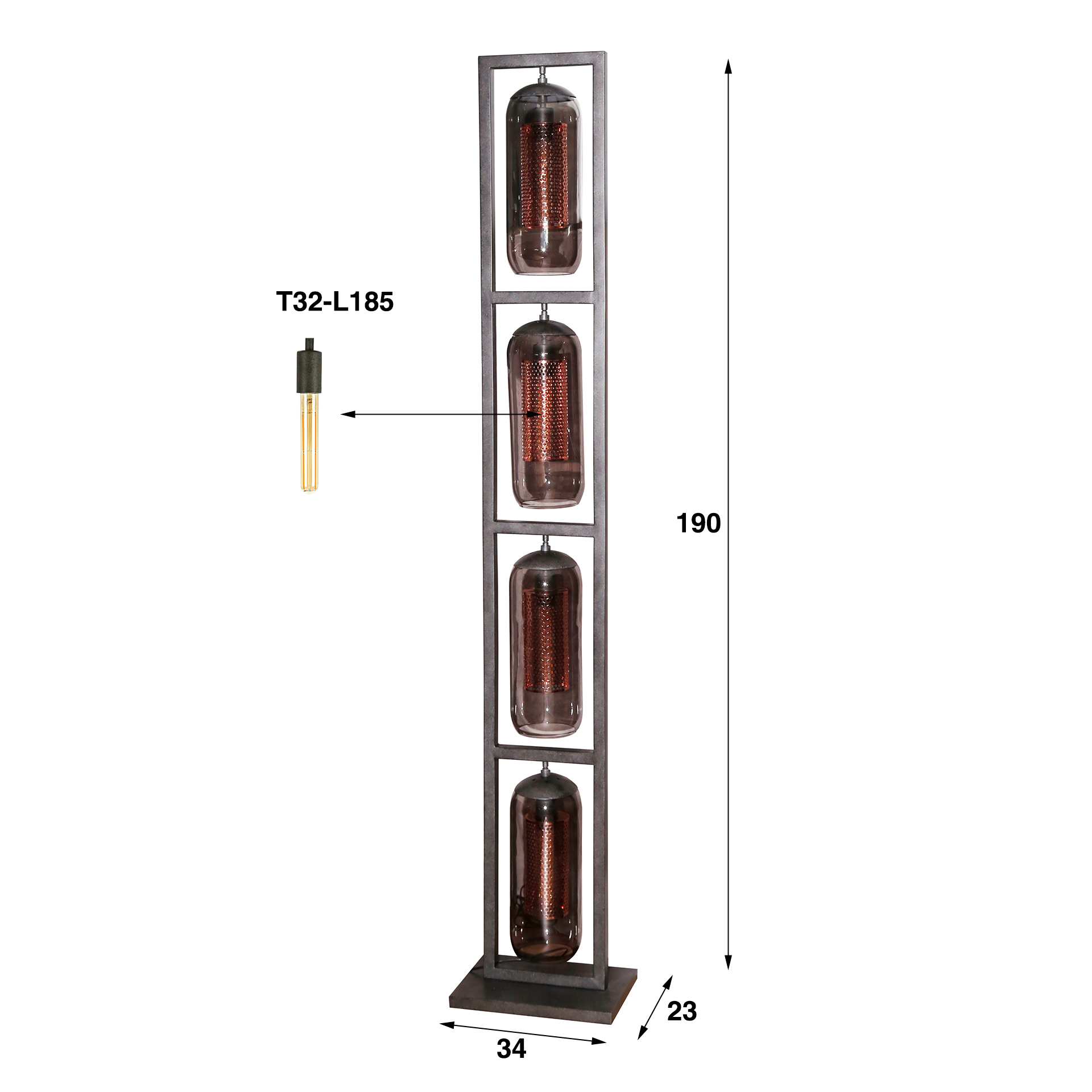Lampadaire tour 4L verre fumé-acier perforé / Noir Artic
