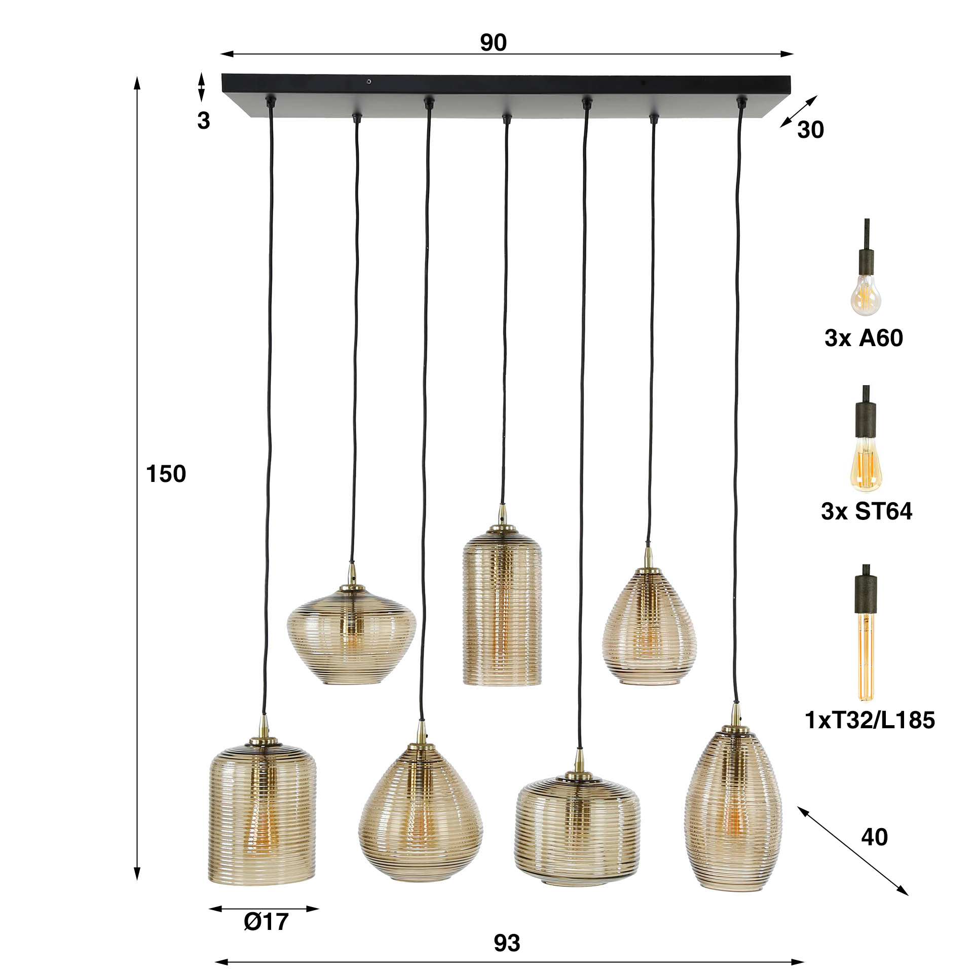 Lampe à suspension 4+3 bandes en verre horizontales / Verre ambré