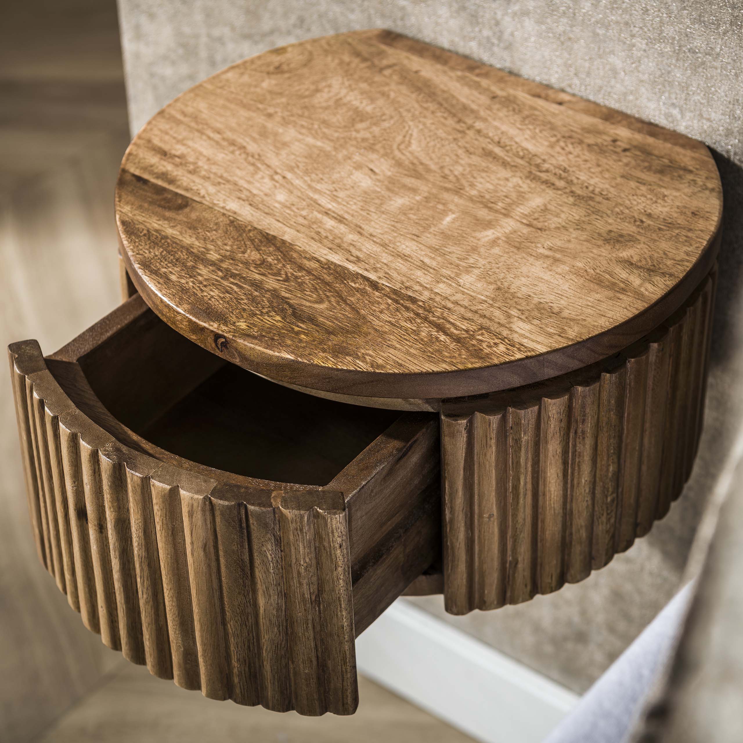 Table de chevet Wave XS ronde flottante - 1 tiroir - Mangue sable