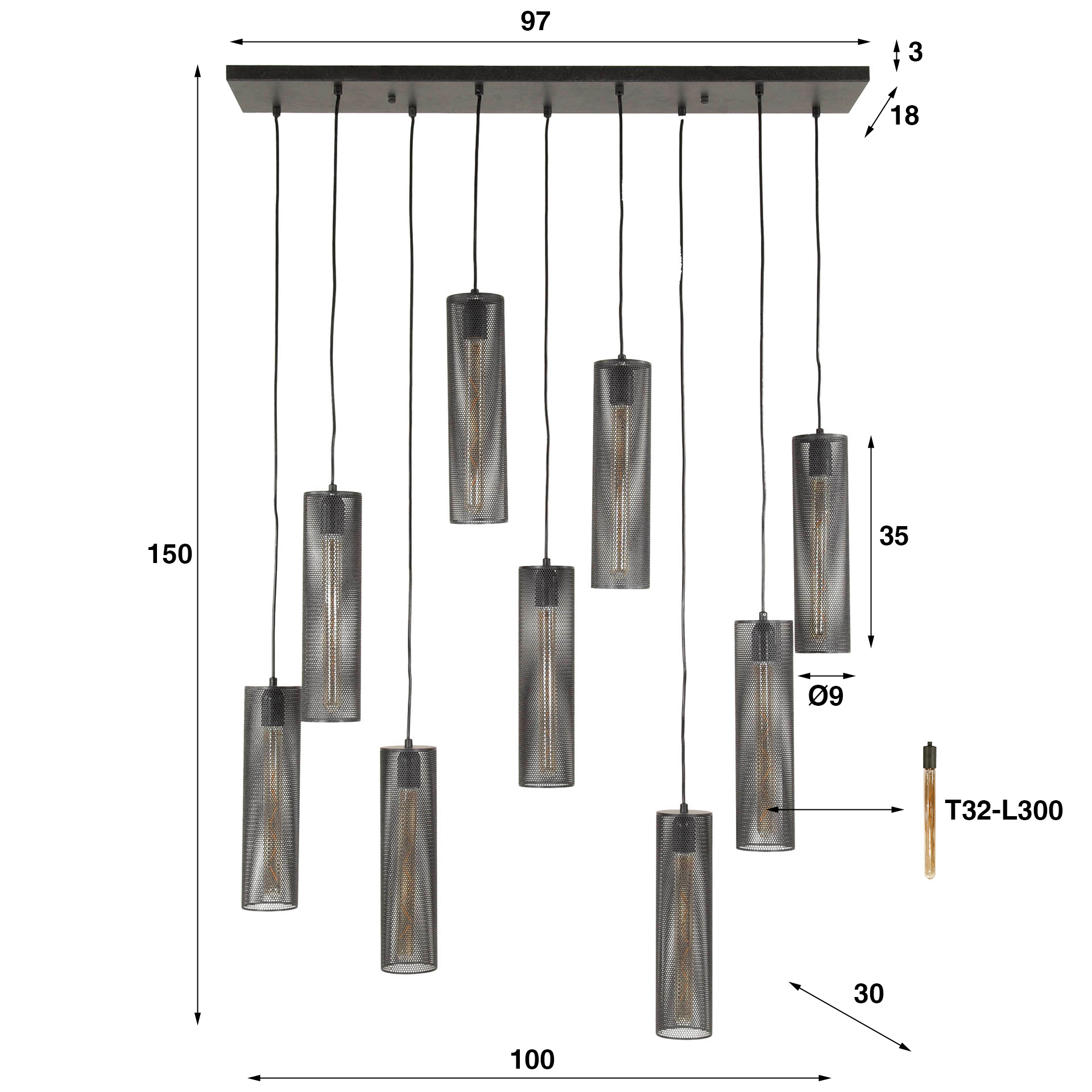 Lampe à suspension 5+4 tubes en maille / Noir Artic