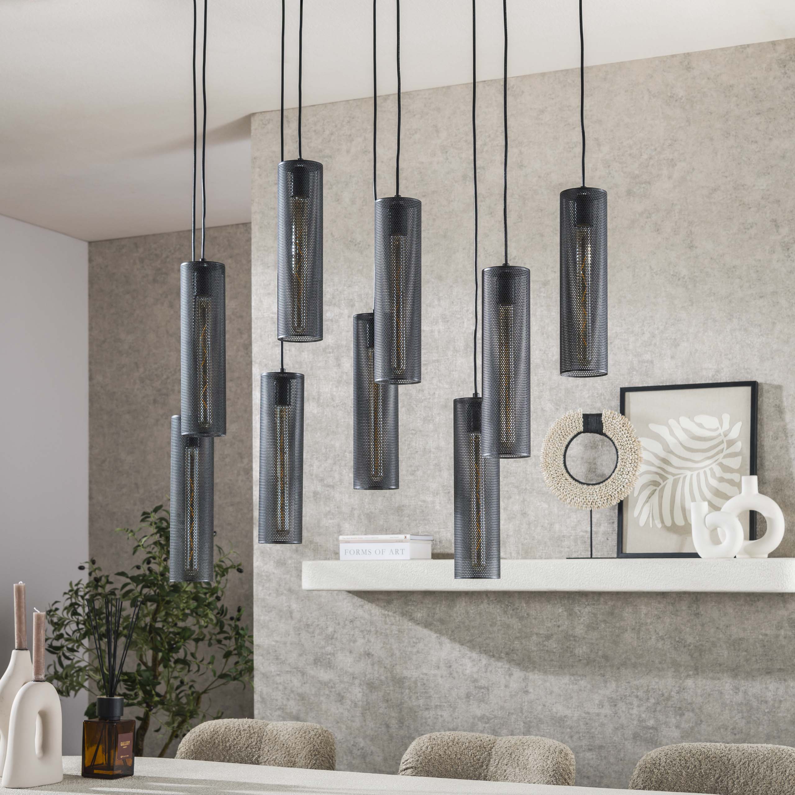 Lampe à suspension 5+4 tubes en maille / Noir Artic