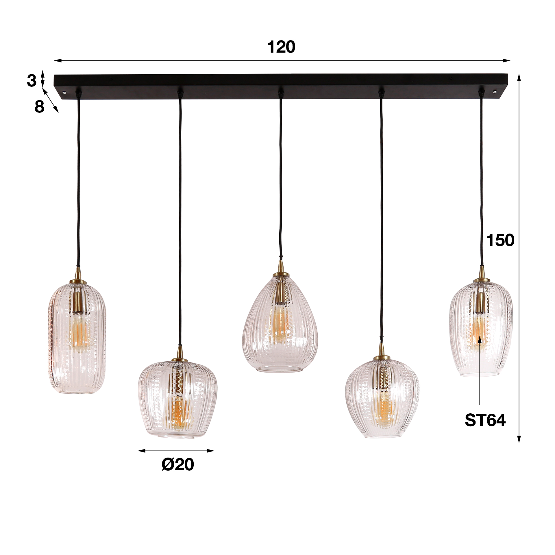 Lampe suspendue 5L mélange de grains de diamant / Verre diamant