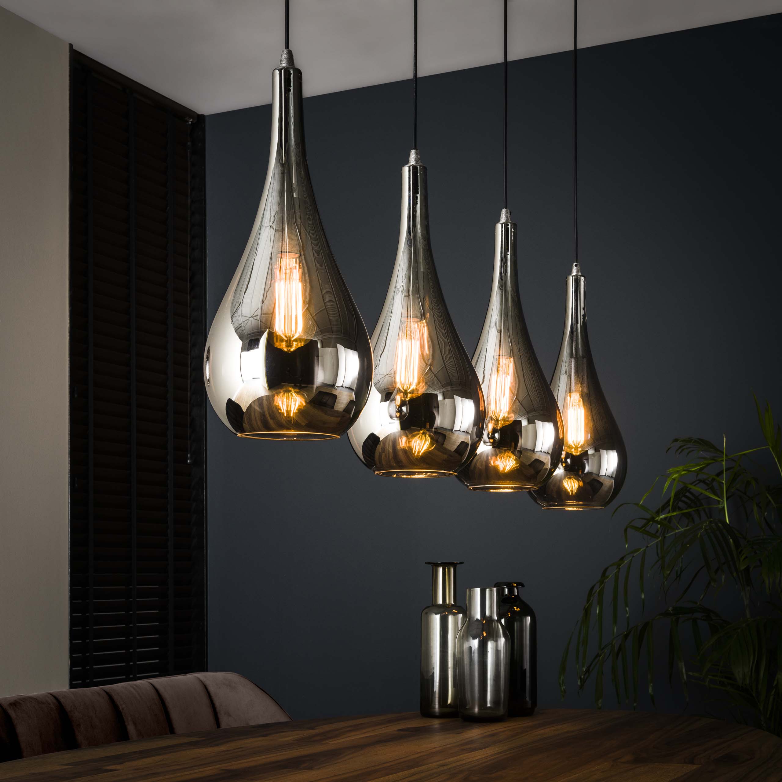 Lampe suspendue 4L verre goutte argenté / Verre chromé