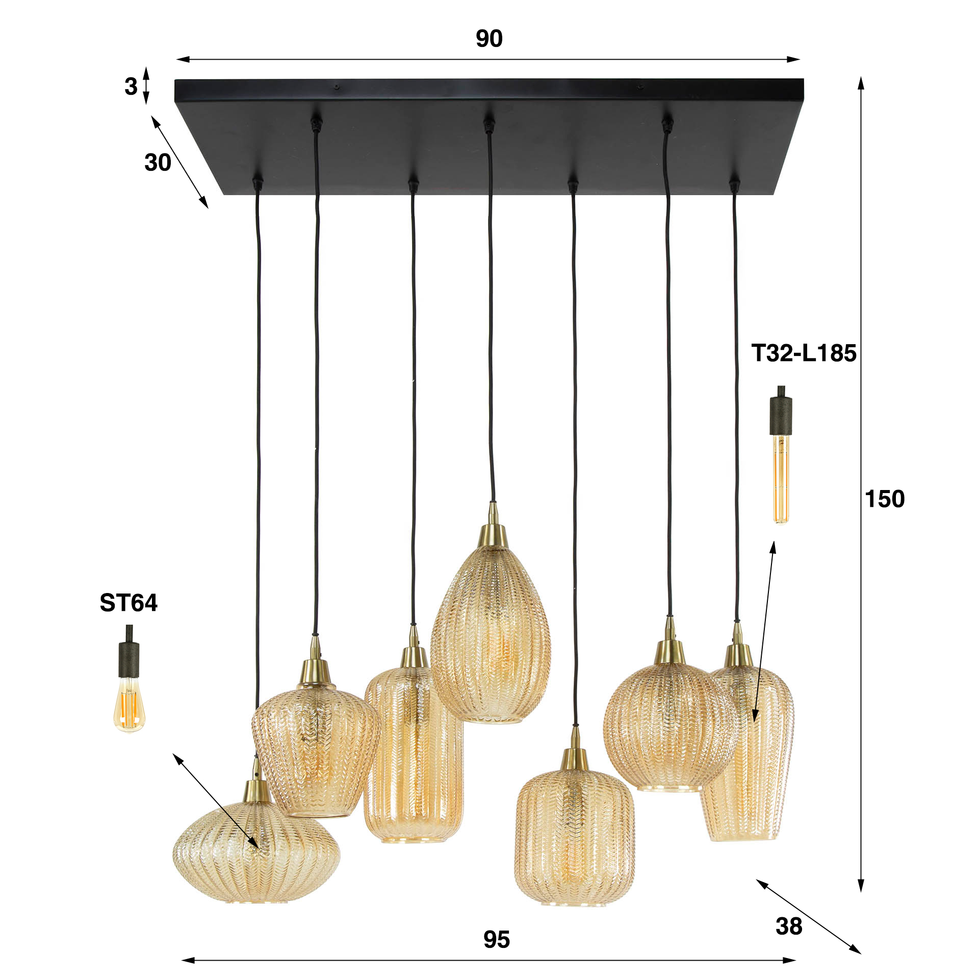 Lampe suspendue 4+3 mélange de motifs en forme de V / Verre ambré