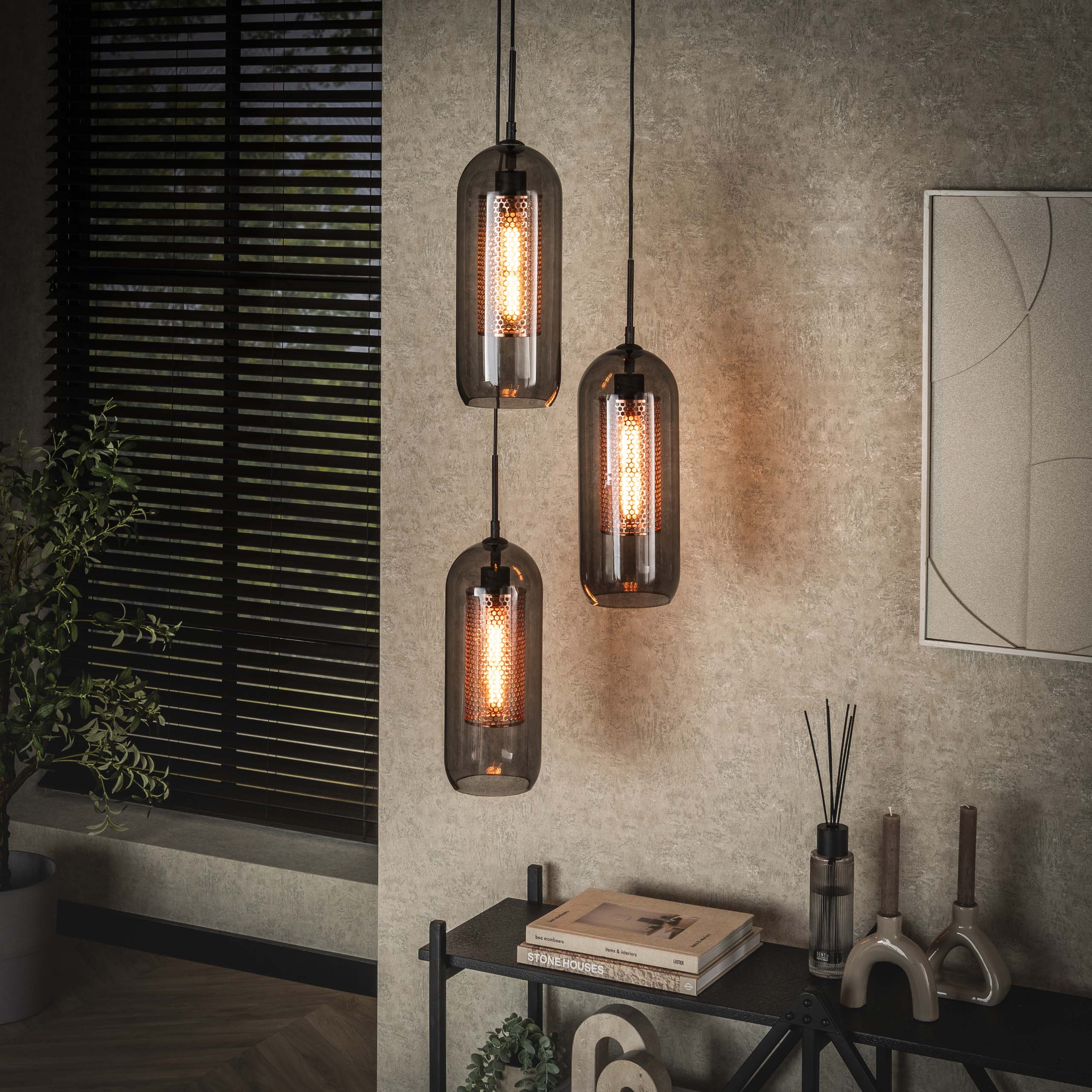 Suspension 3L étagée verre fumé-acier perforé / Noir Artic