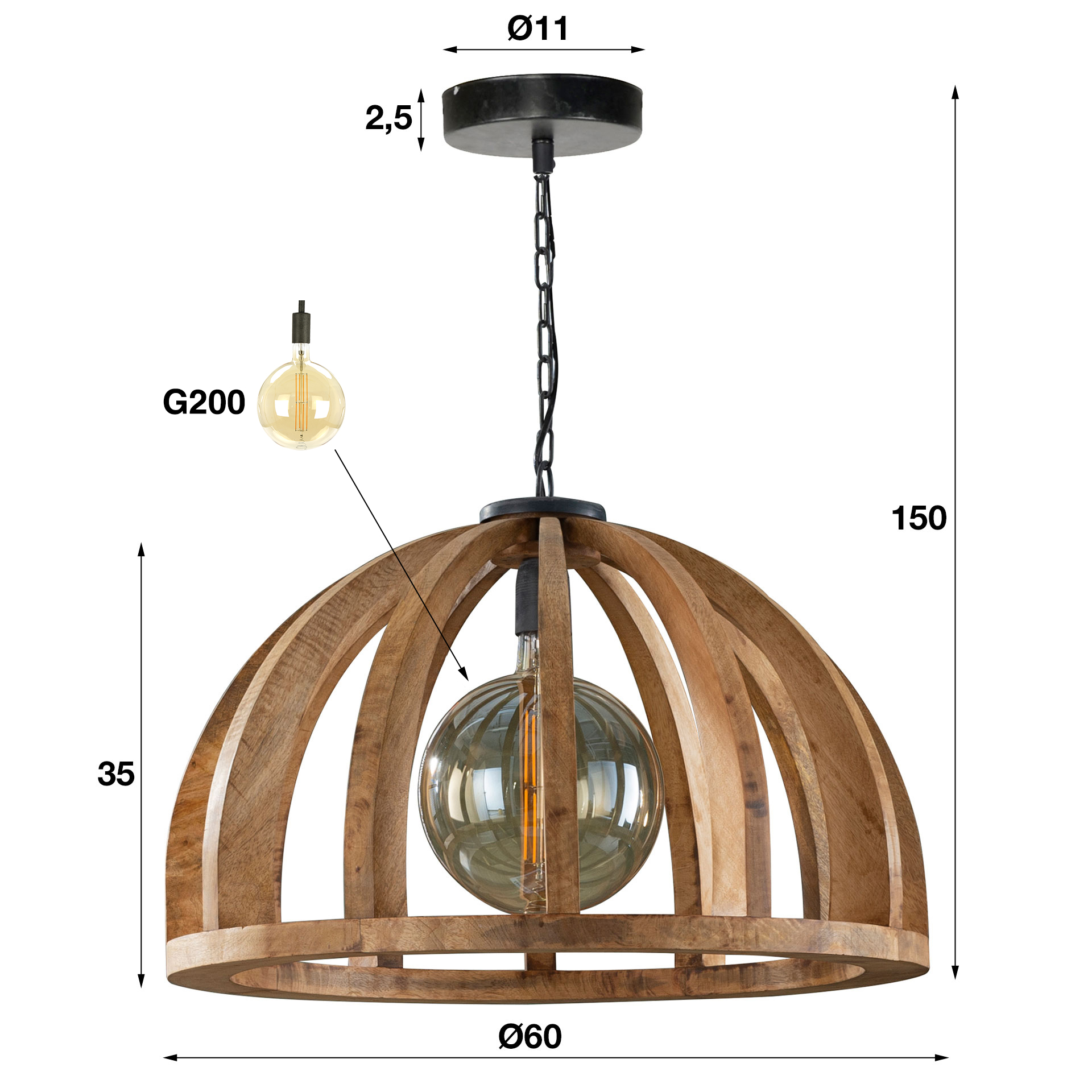 Lampe à suspension Orba 1 lumière Ø60 cm - Manguier massif