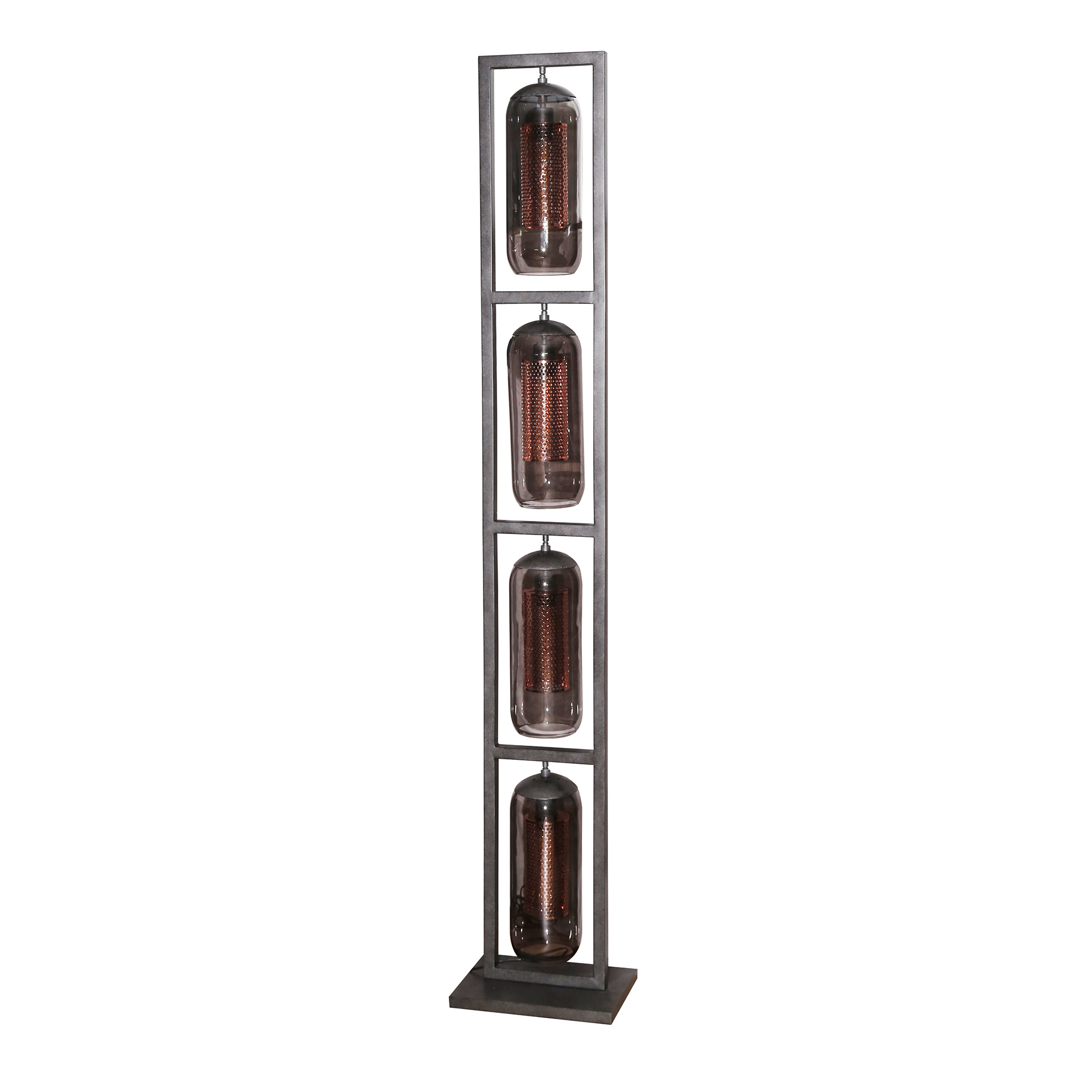 Lampadaire tour 4L verre fumé-acier perforé / Noir Artic
