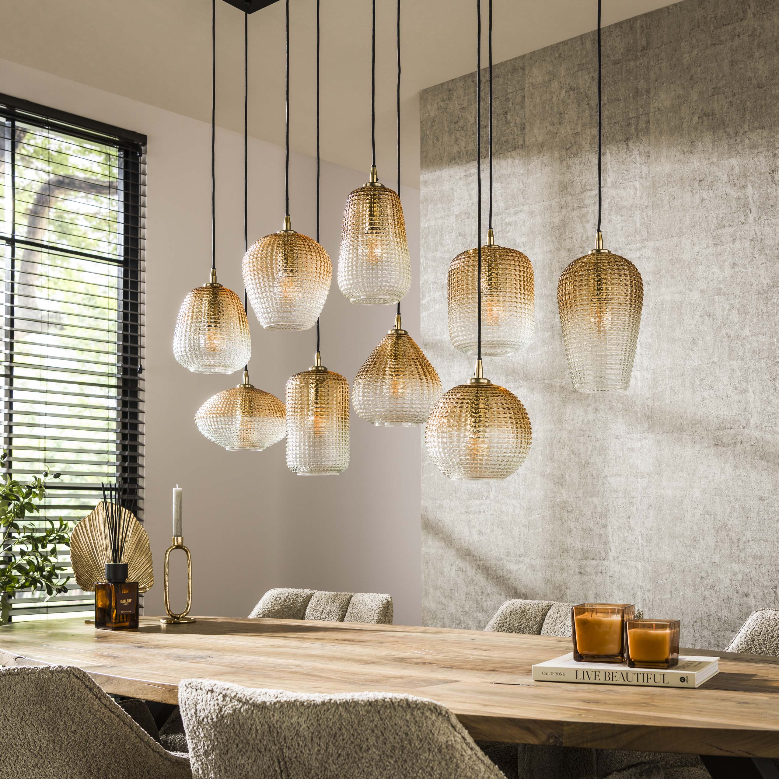 Lampe suspendue motif 5+4 points / Verre ambré