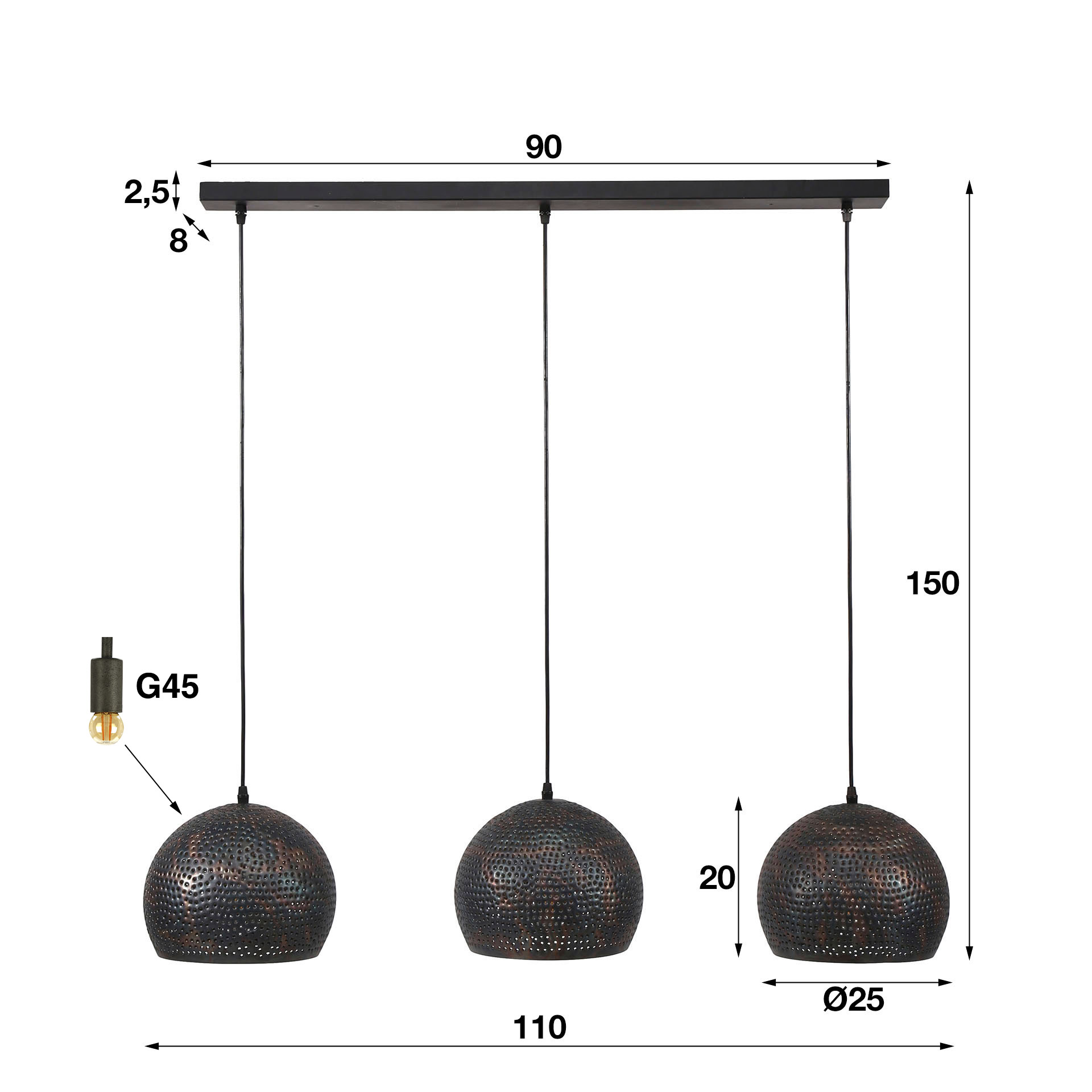 Lampe suspendue 3L Globe poinçon