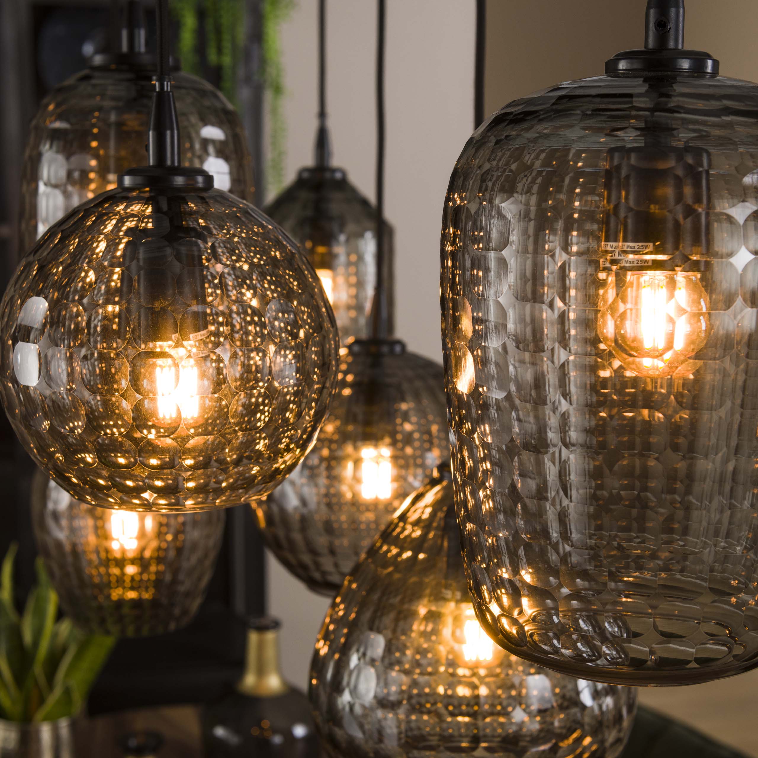 Lampe suspendue Hexagon 4+3 lumières - Verre gris fumé