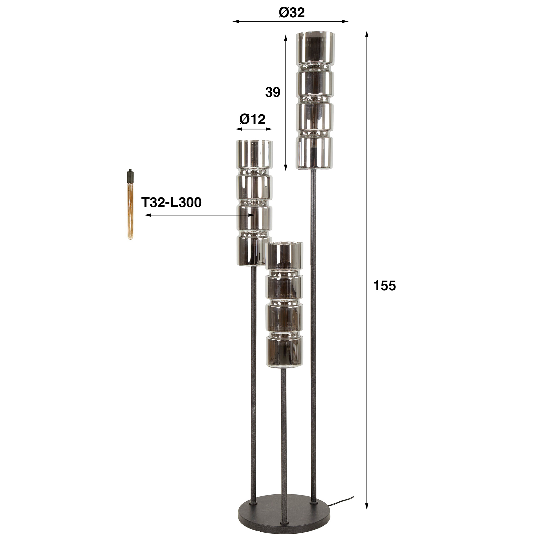 Lampadaire 3L cylindre étagé verre / Noir Artic