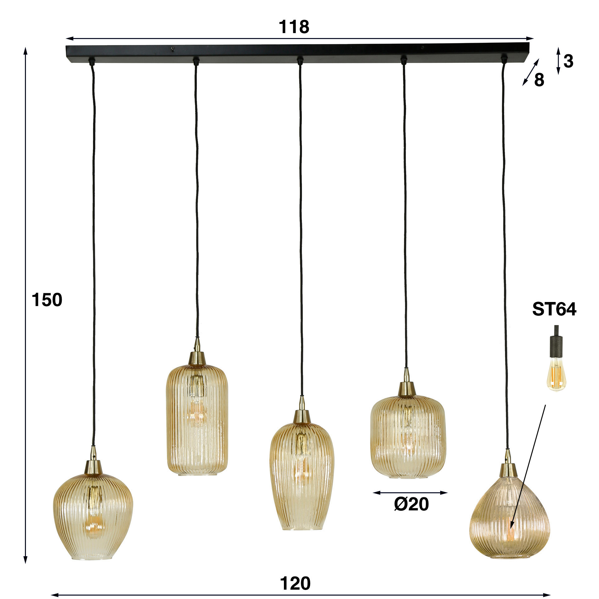 Lampe à suspension Stripe 5 lumières - verre ambré