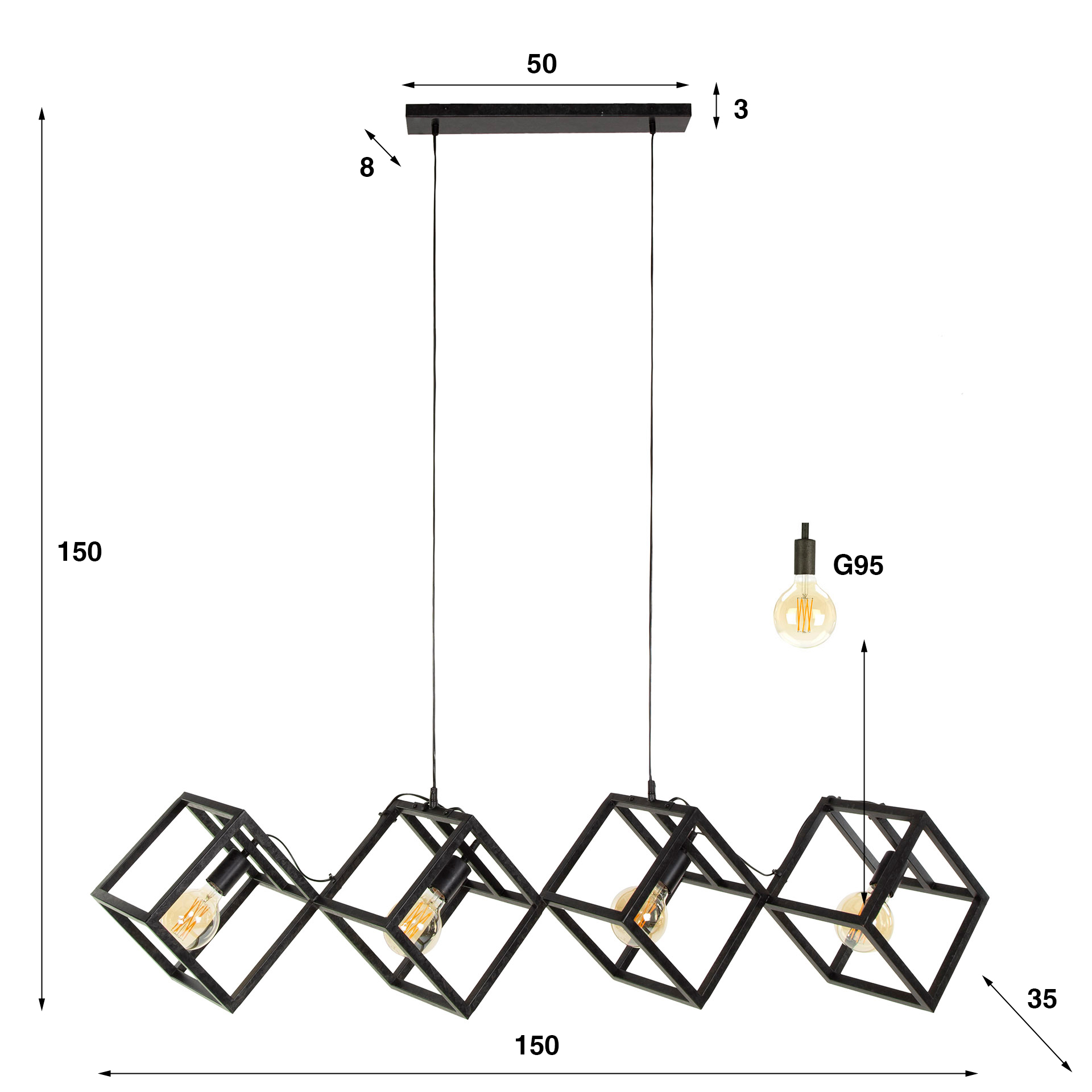 Lampe suspendue Cube 4 lumières - Charbon