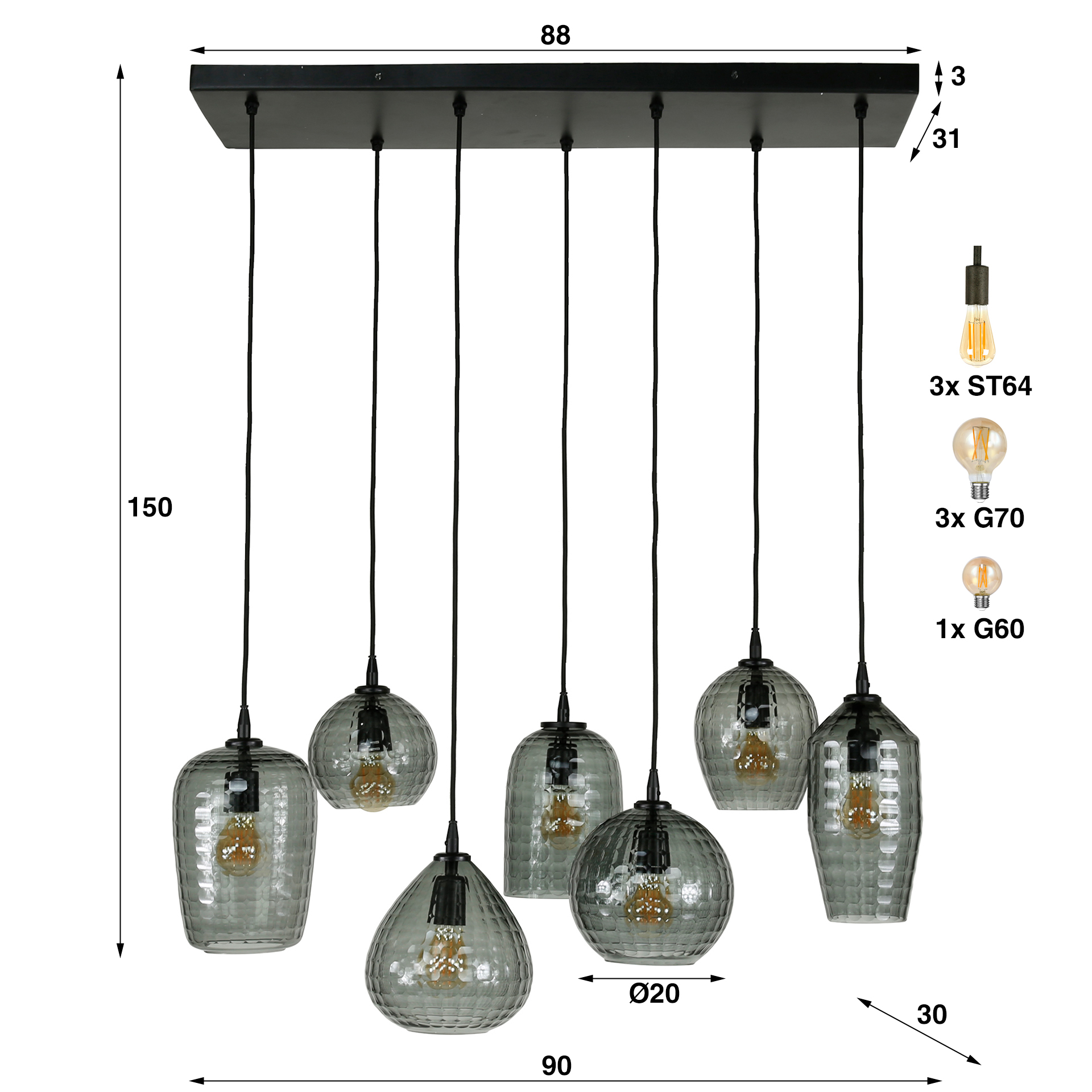 Lampe suspendue Hexagon 4+3 lumières - Verre gris fumé