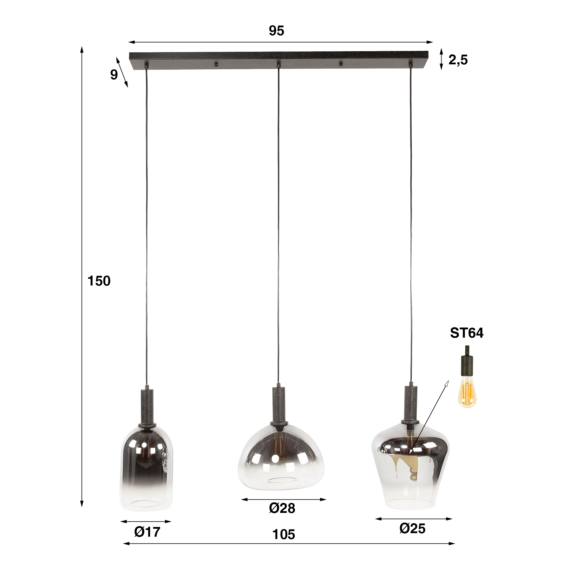 Lampe suspendue Zenith 3 lumières - Noir arctique