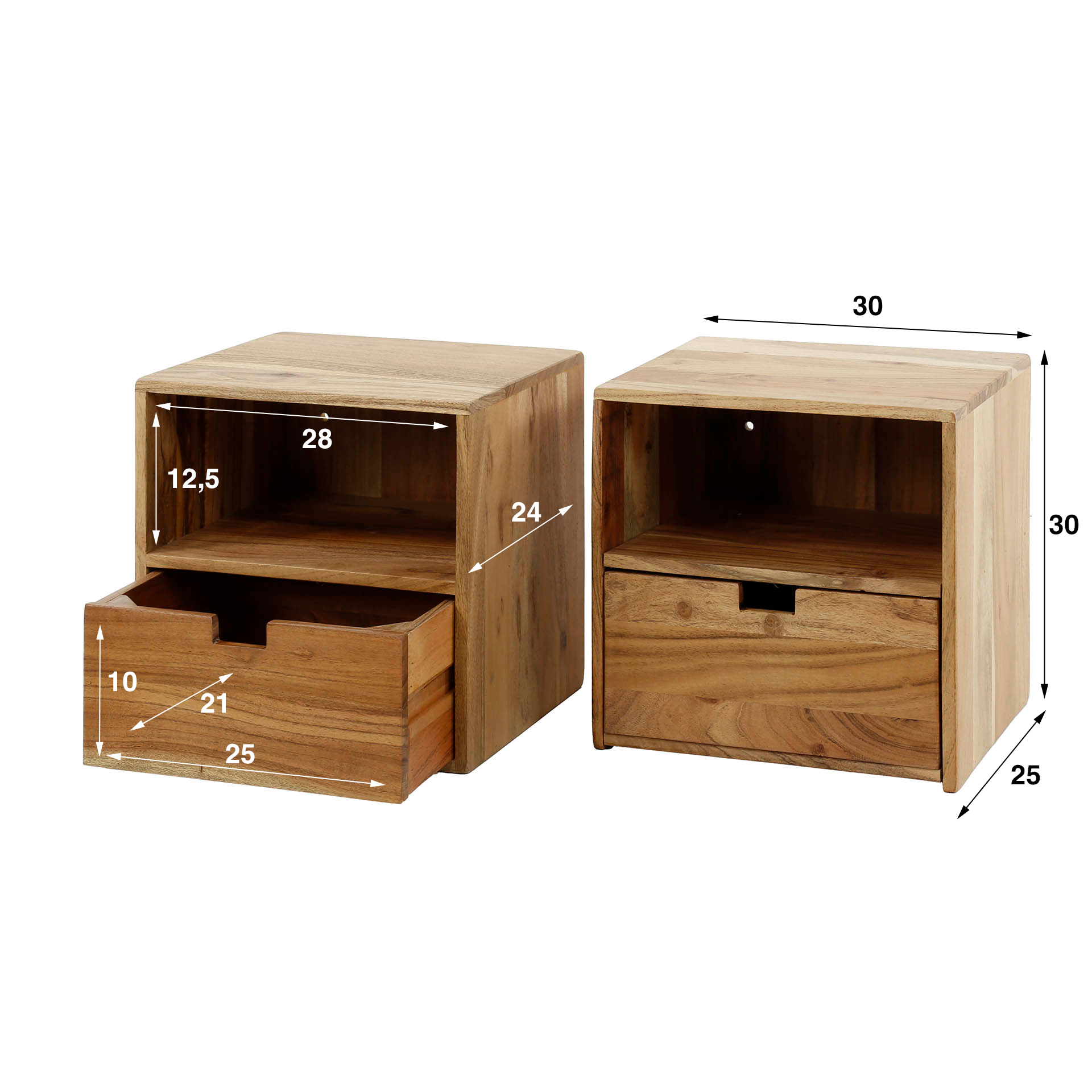 Set de tables de chevet/2 XS suspendus à plat / Acacia massif naturel