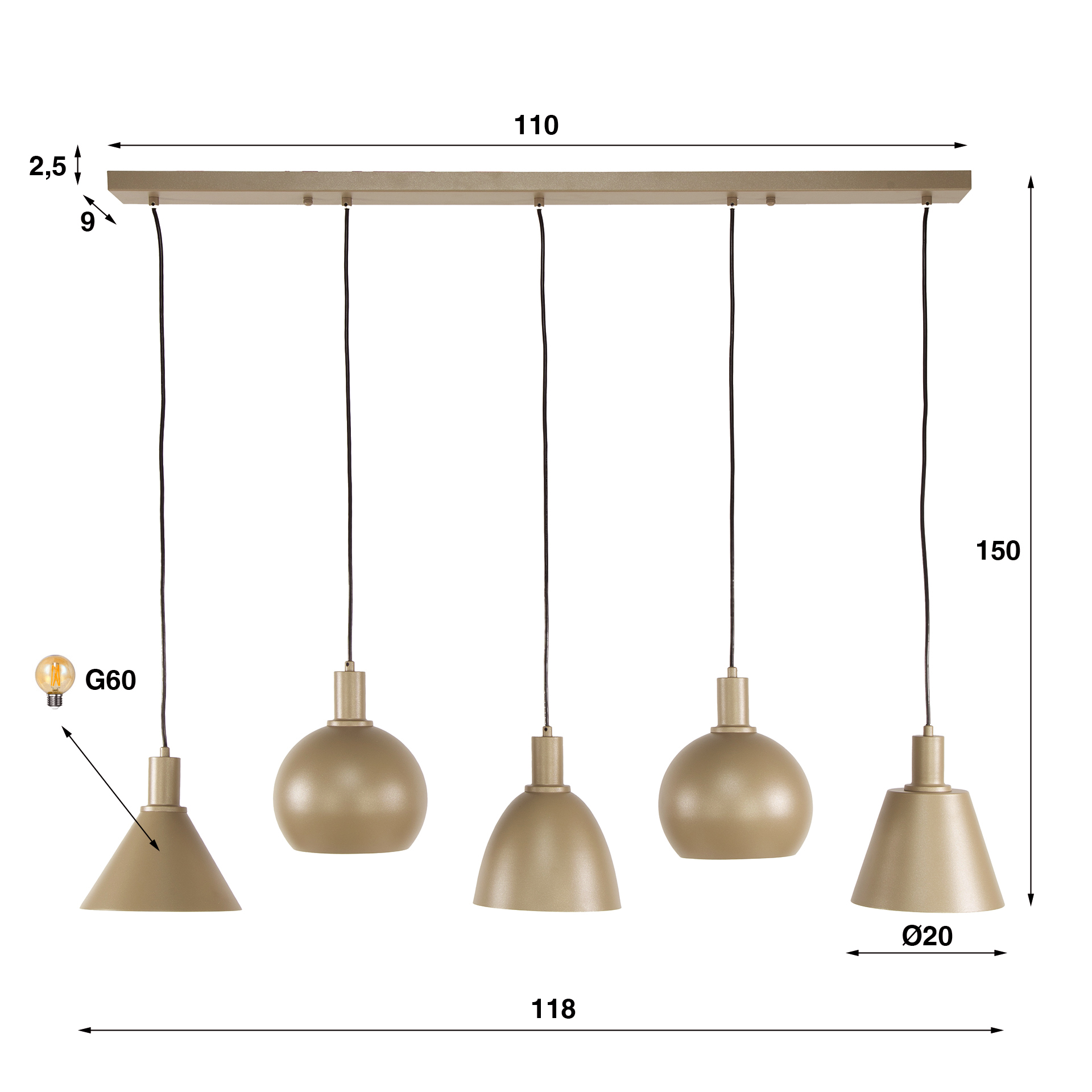 Lampe à suspension Metallo 5 lumières - Beige